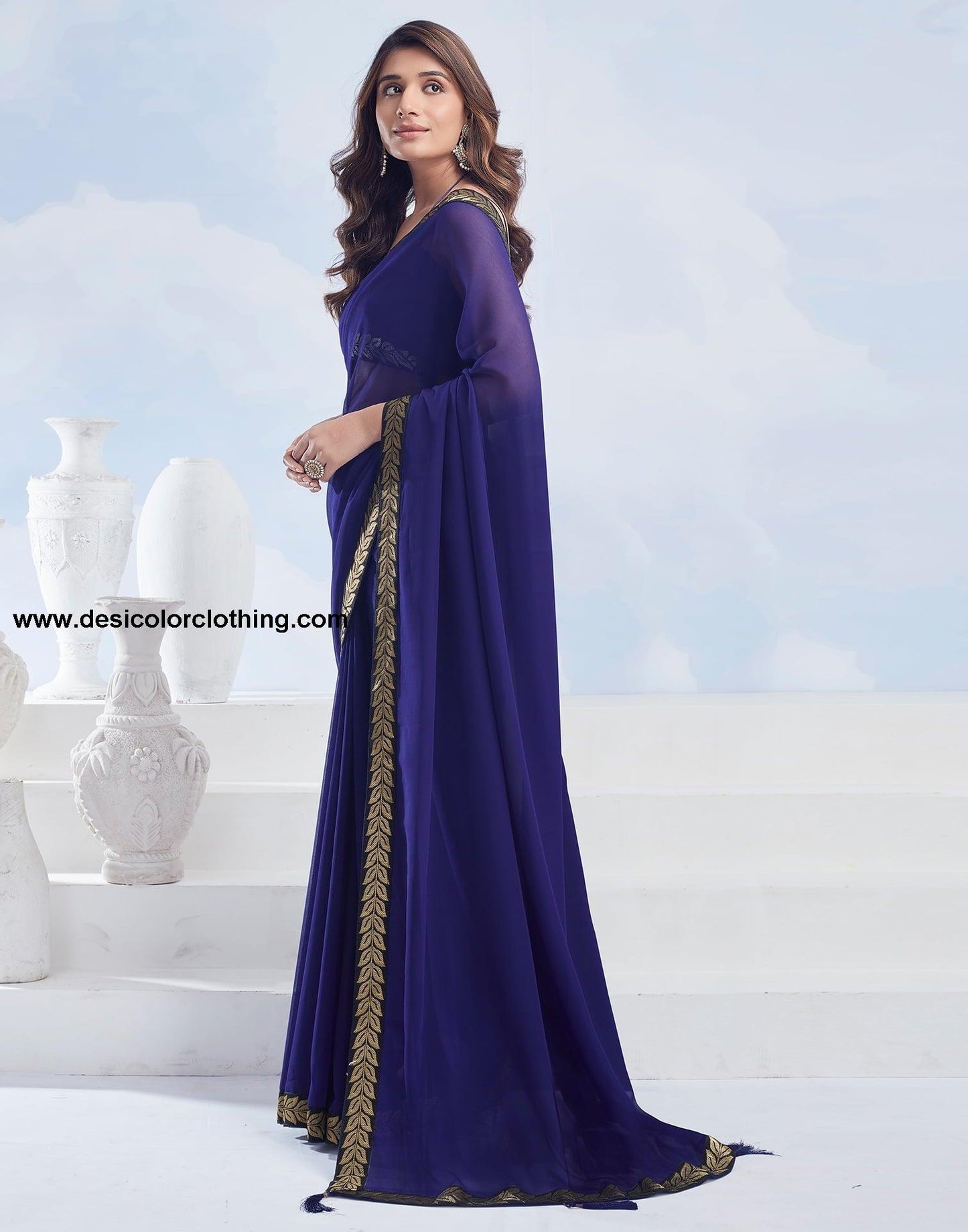 Navy Blue Bhagalpuri Silk Blouse & Georgette Saree with Lace and Tassels