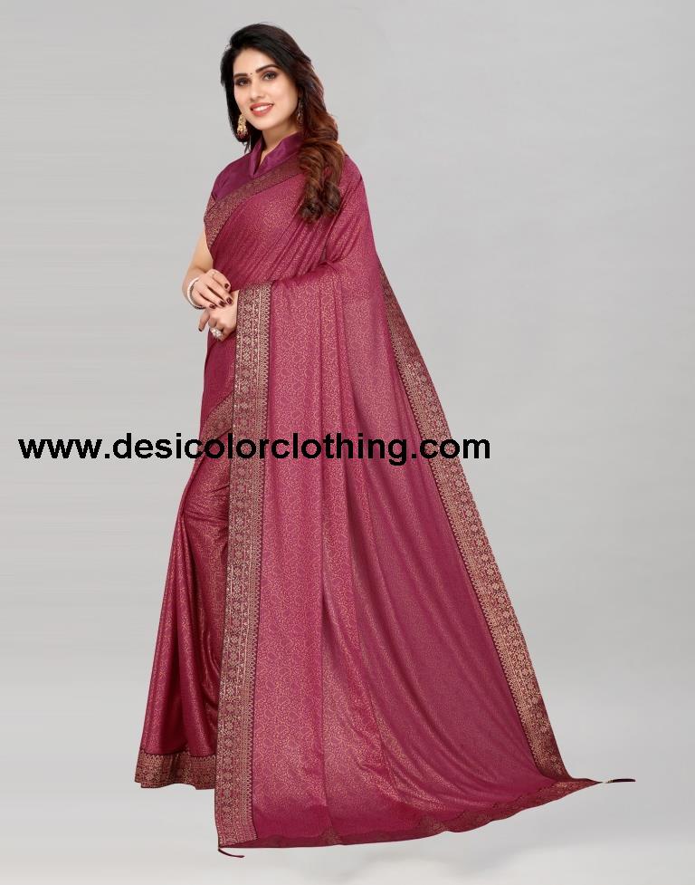 Wine Coloured Lycra Foil Printed Saree | SLV2197S108