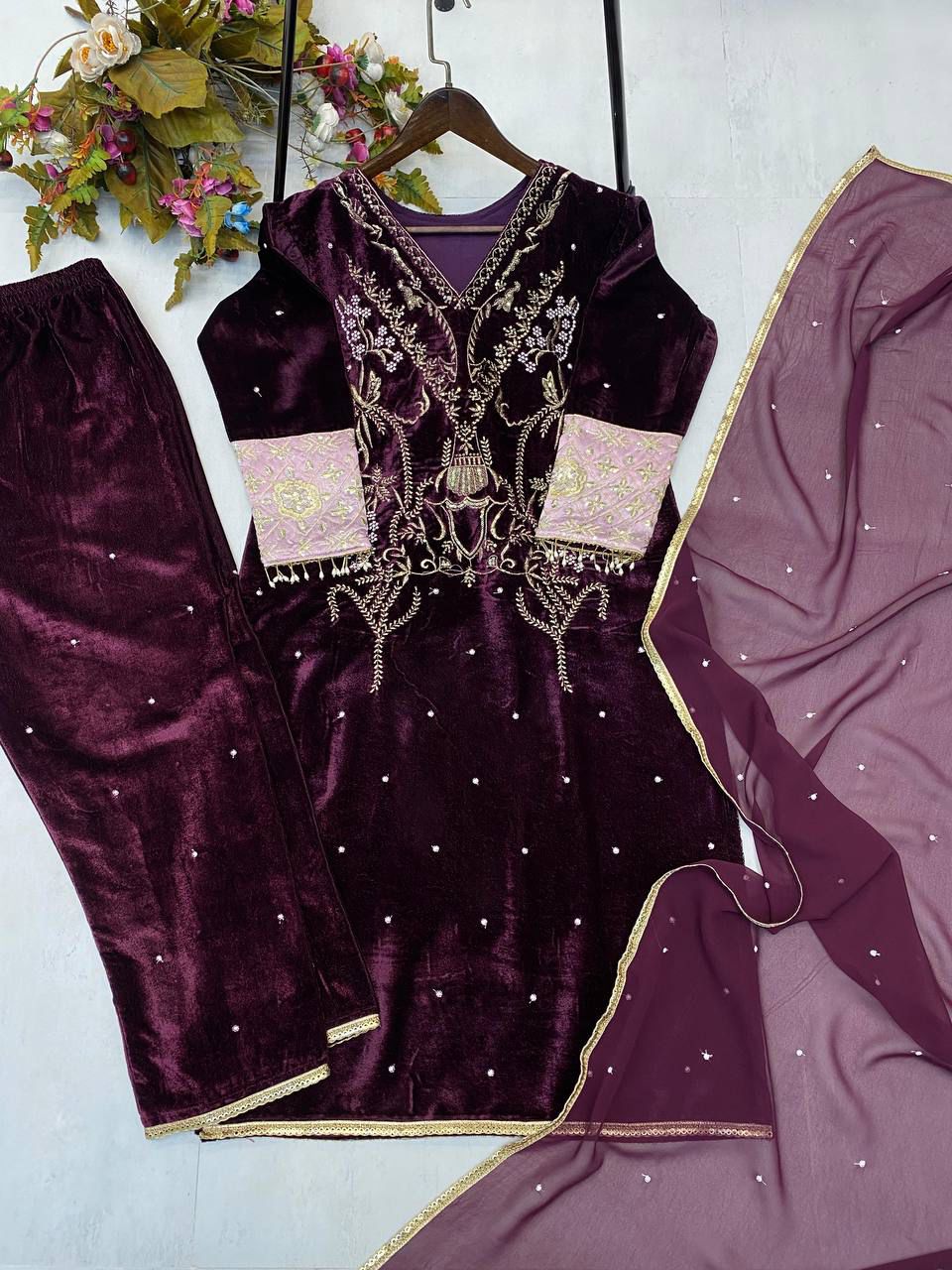 Product Image - Designer Velvet Sequence Embroidery Suit with Dupatta