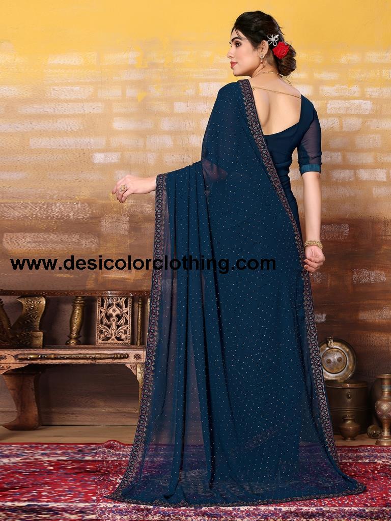 Teal Blue Plain Georgette Saree