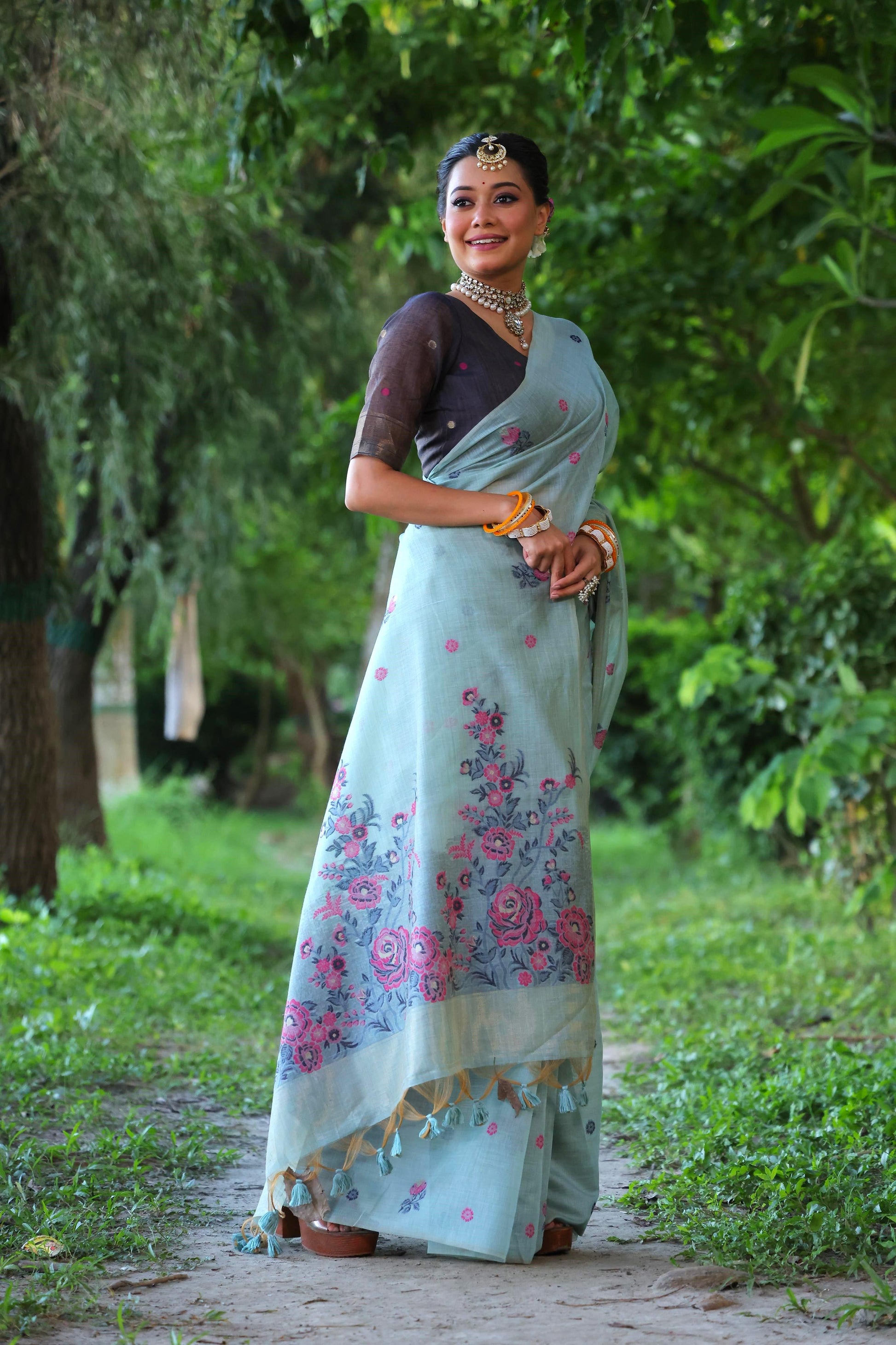 Product Image - Designer Muga Cotton Saree with Floral Weaving