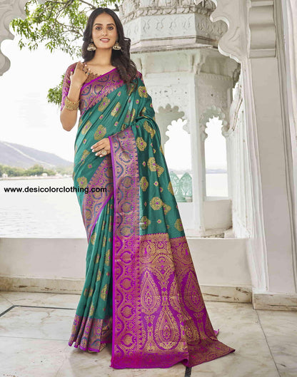 Teal Green Silk Woven Banarasi Saree
