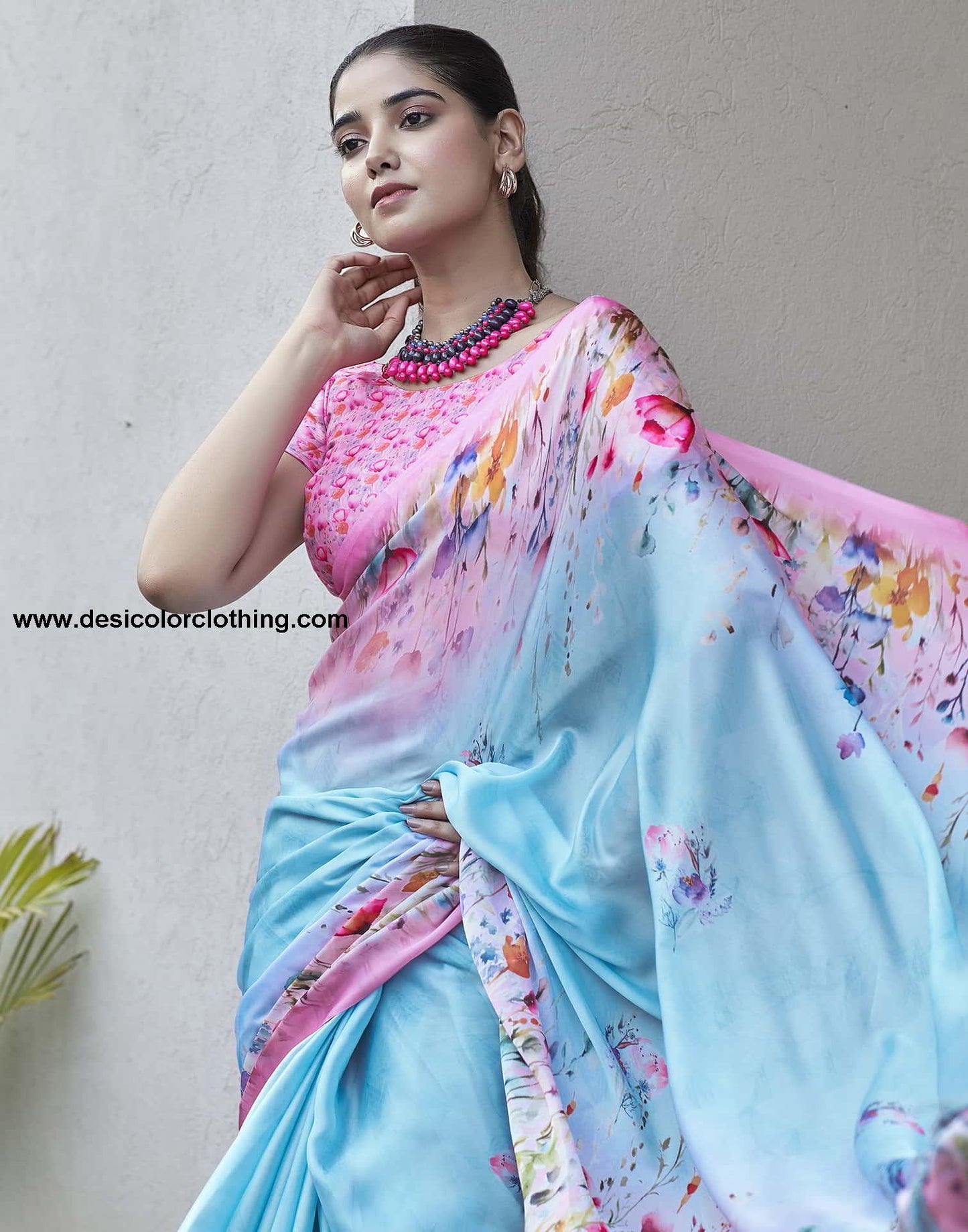 Blue Printed Satin Saree