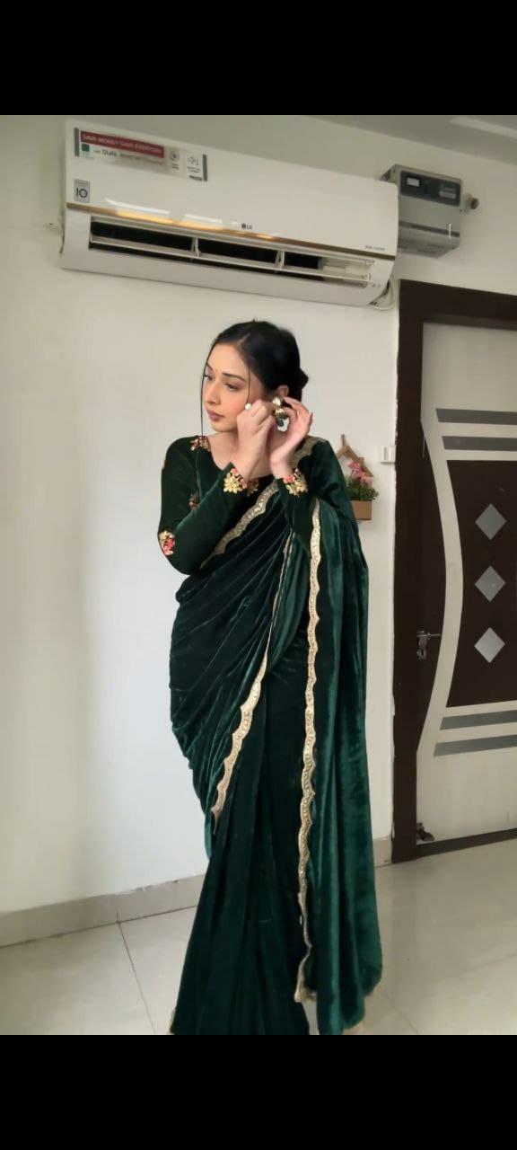 Product Image - Exquisite Ready-to-Wear Velvet Designer Saree with Embroidery and Sequins