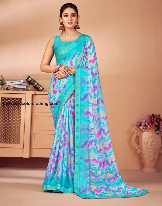 Sky Blue Printed Chiffon Saree
