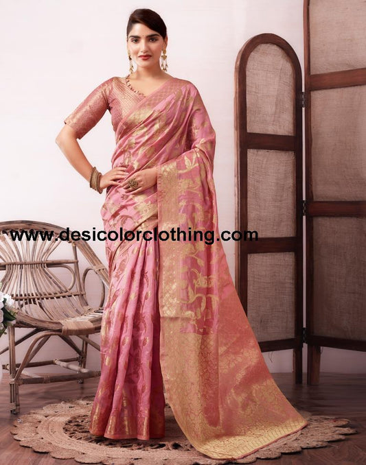 Dusty Pink Organza Woven Saree
