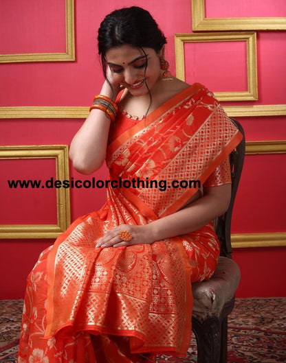 Orange Silk Plain Saree