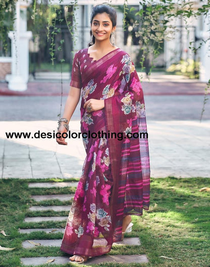 Dark Purple Cotton Printed Saree