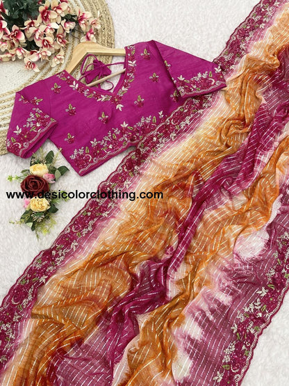 Pure Soft Georgette Sarees with Silver Weaving lining Nd Prisam Print With Heavy Embroidery Threads Sequence Ton to Ton work border aarco*