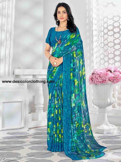 Blue Chiffon Printed Saree