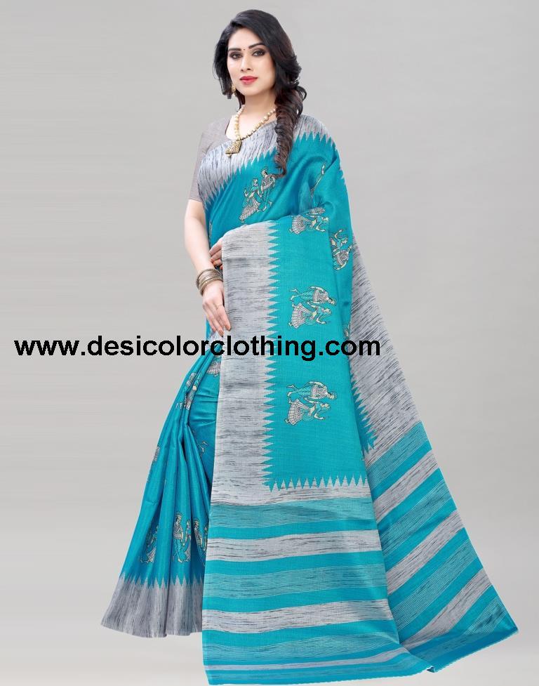 Blue Coloured Khadi Silk Printed Casual saree