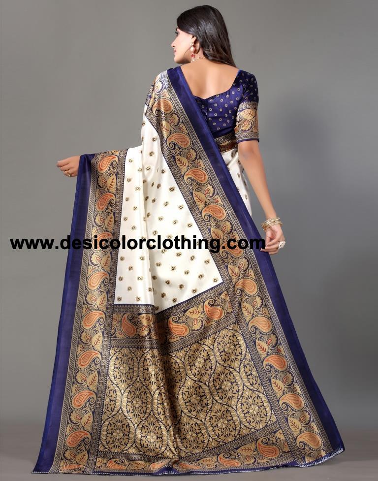 White Printed Silk Saree