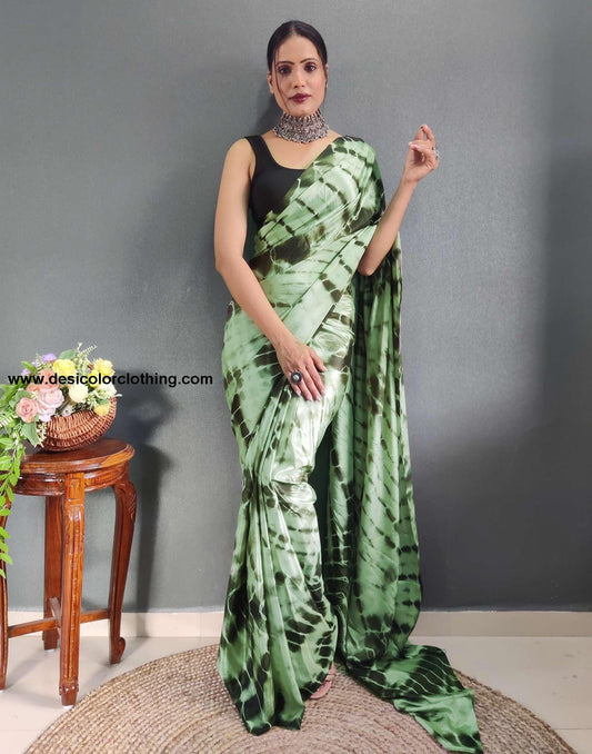 Dull Green Printed Silk Pre-draped Saree