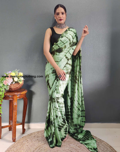 Dull Green Printed Silk Pre-draped Saree
