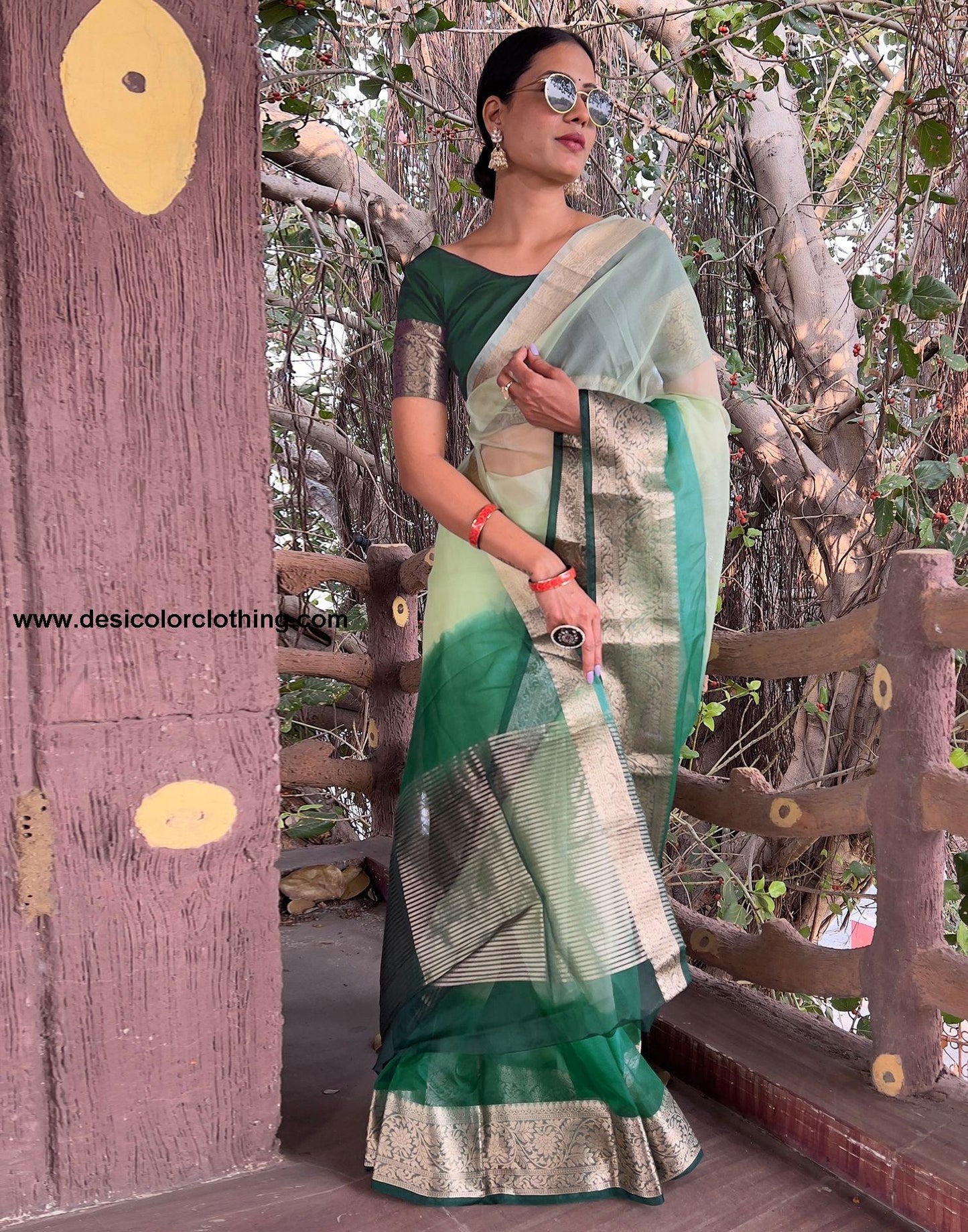Dark Green Plain Organza Saree