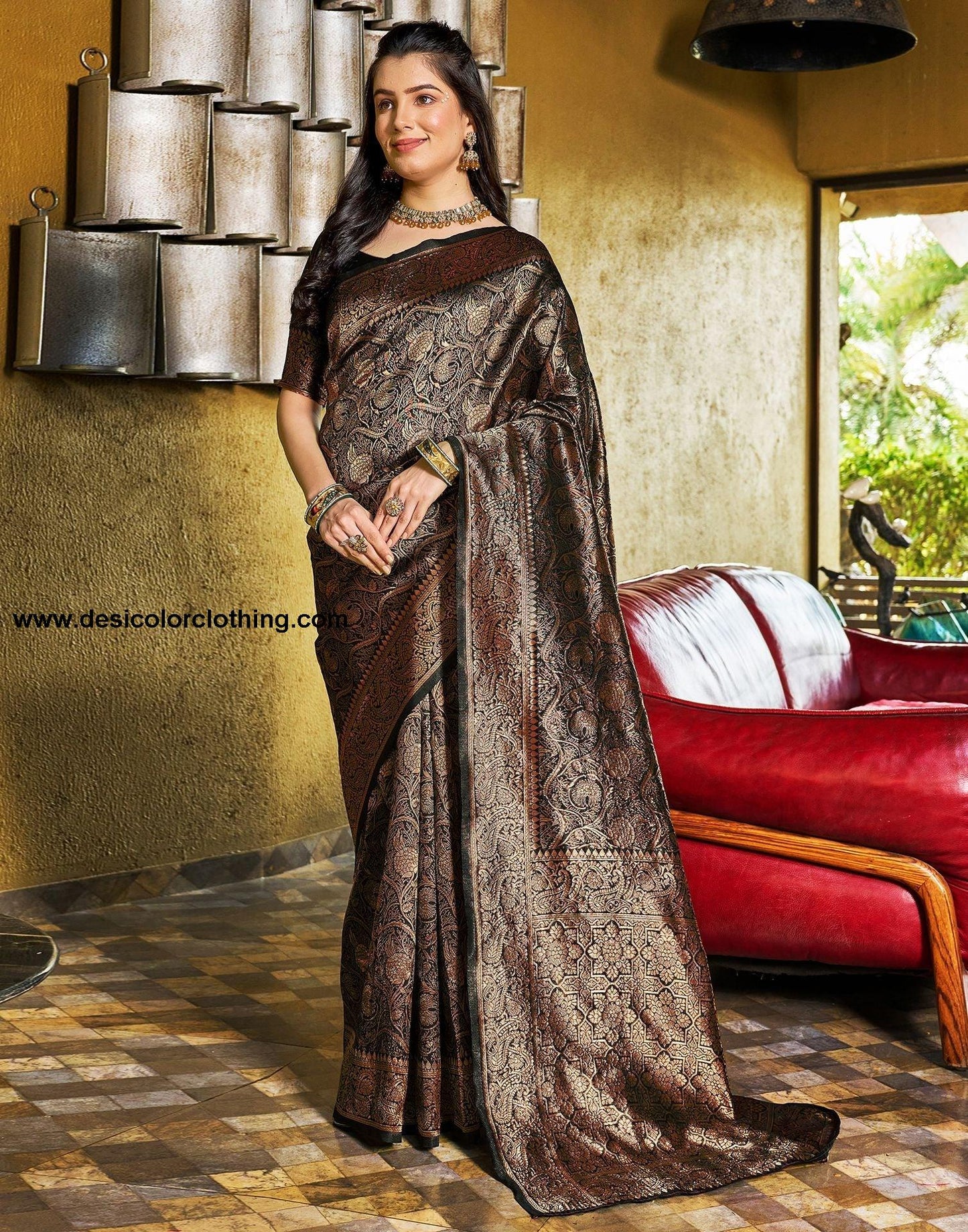 Black and Copper Jacquard Silk Saree