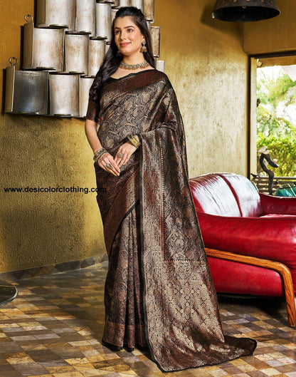 Black and Copper Jacquard Silk Saree