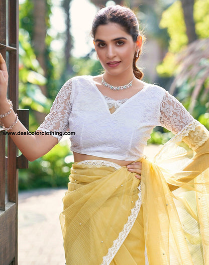 Yellow Net Plain Saree