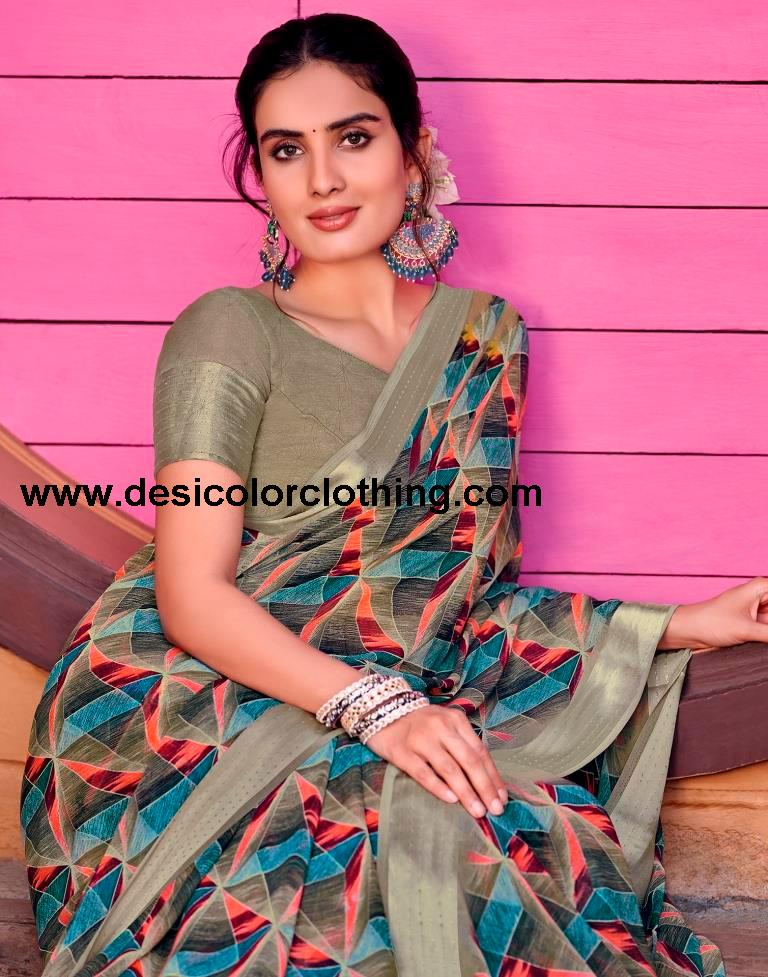 Dark Khaki Georgette Printed Saree