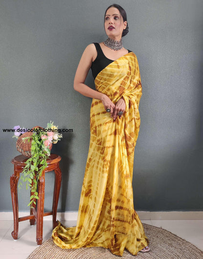 Yellow Printed Silk Pre-draped Saree