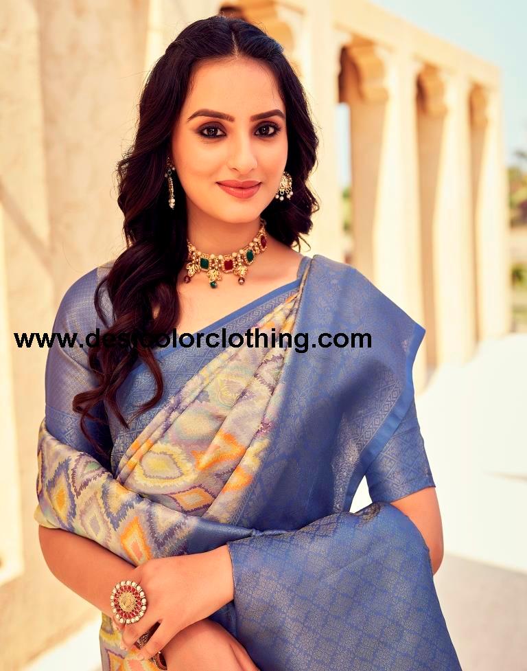 Blue Silk Printed Ready To Wear