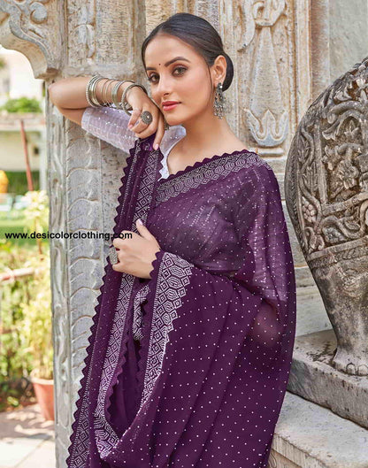 Wine Swarovski Georgette Stone Work Saree