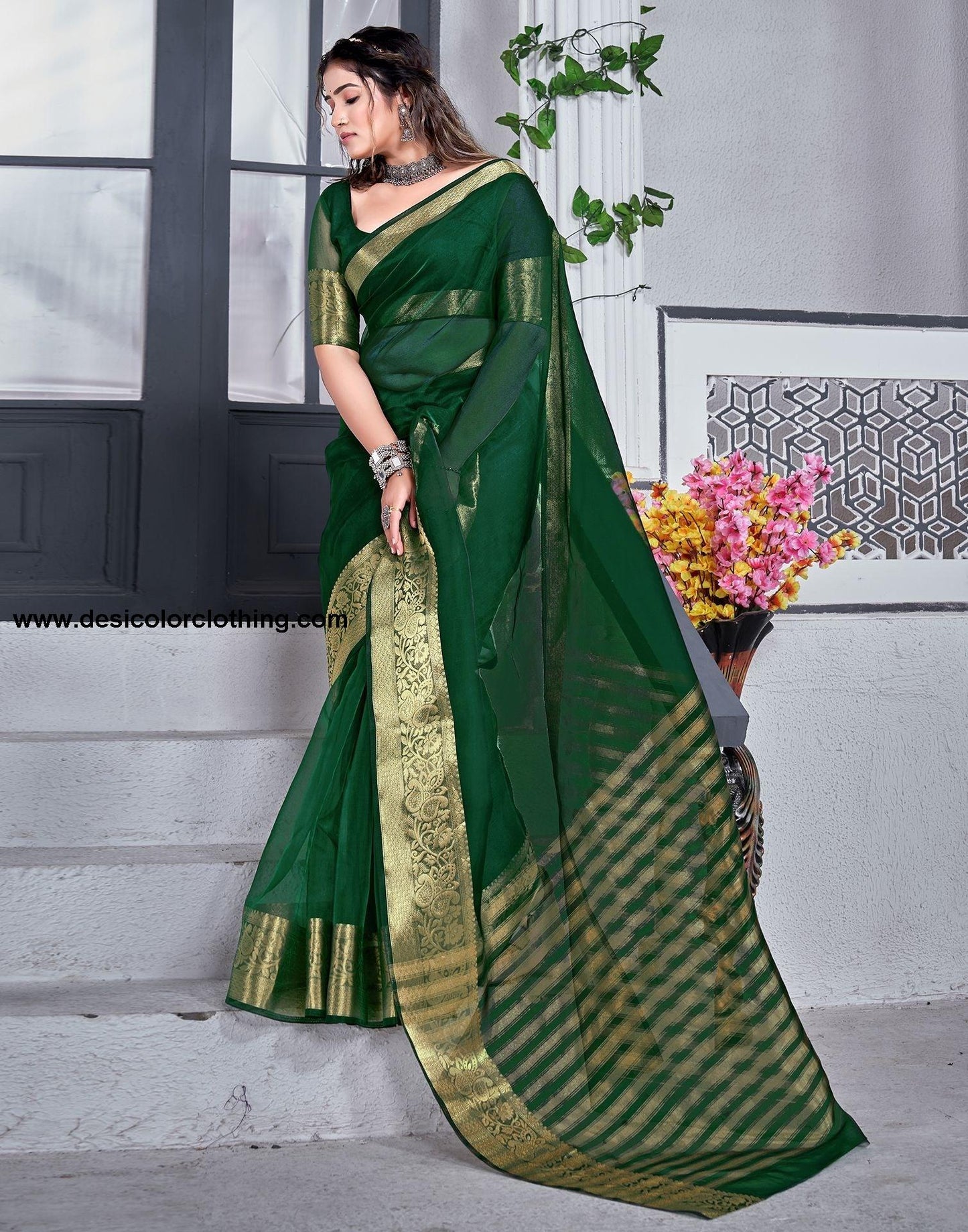 Dark Green Plain Organza Saree