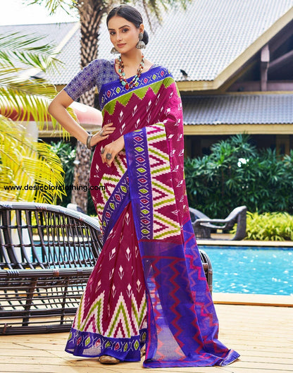 Pink Printed Cotton Pre-Draped Saree