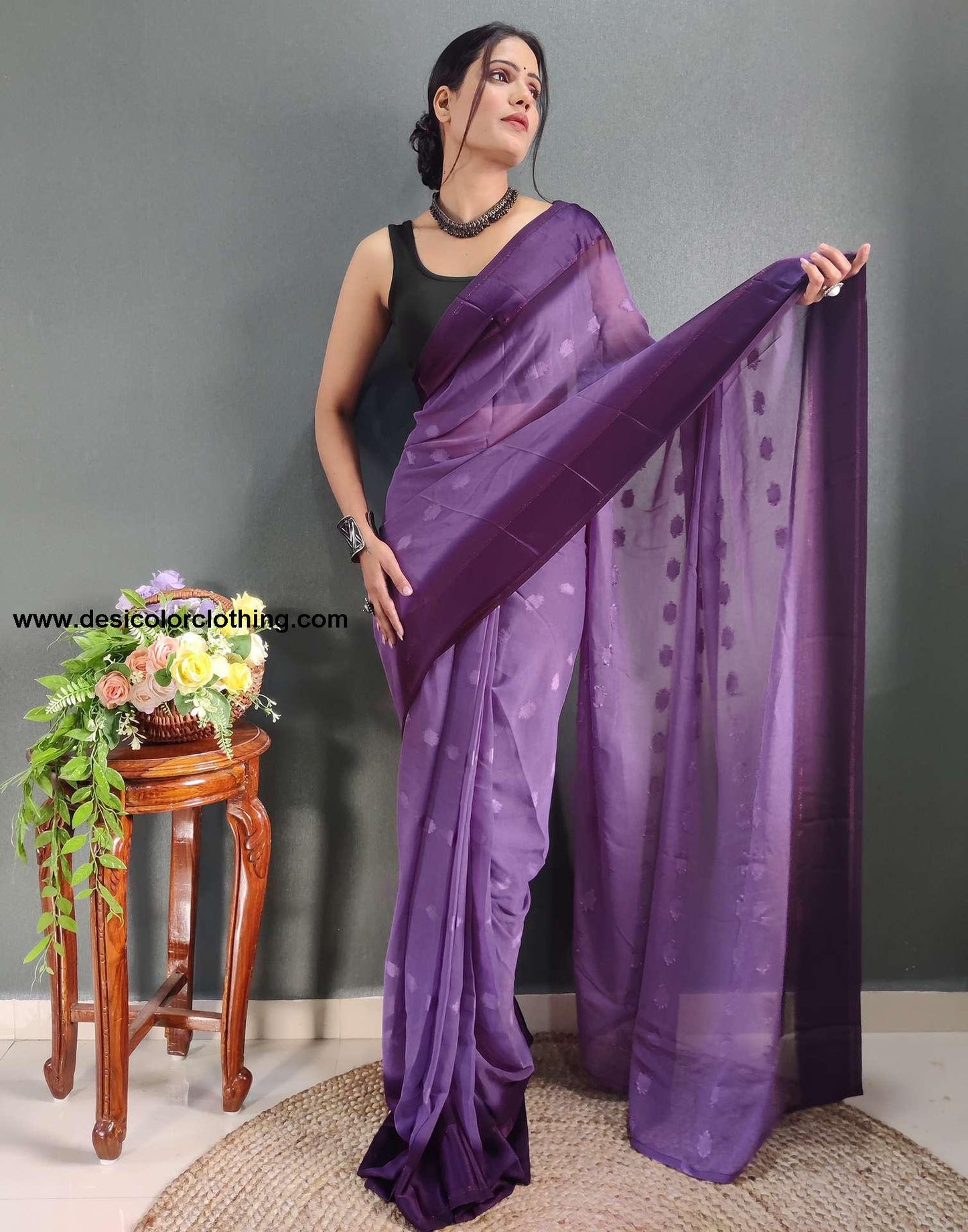 Pastel Purple Plain Georgette Pre-draped Saree