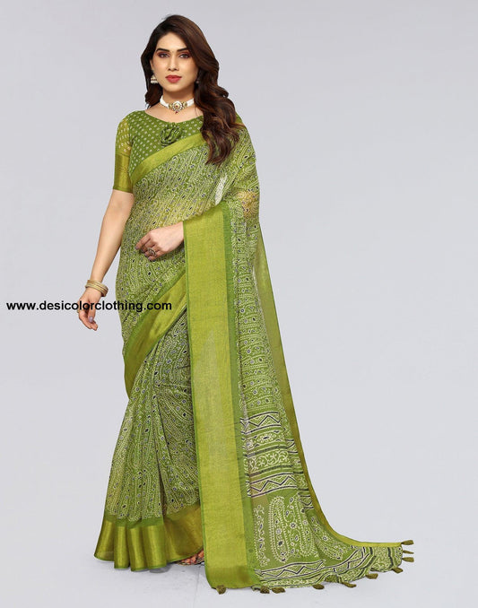 Parrot Green Cotton Printed Saree