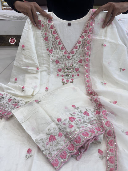 Product Image - Exquisite White Bul Bul Wedding Suit Set - Pure Chanderi with Heavy Embroidery