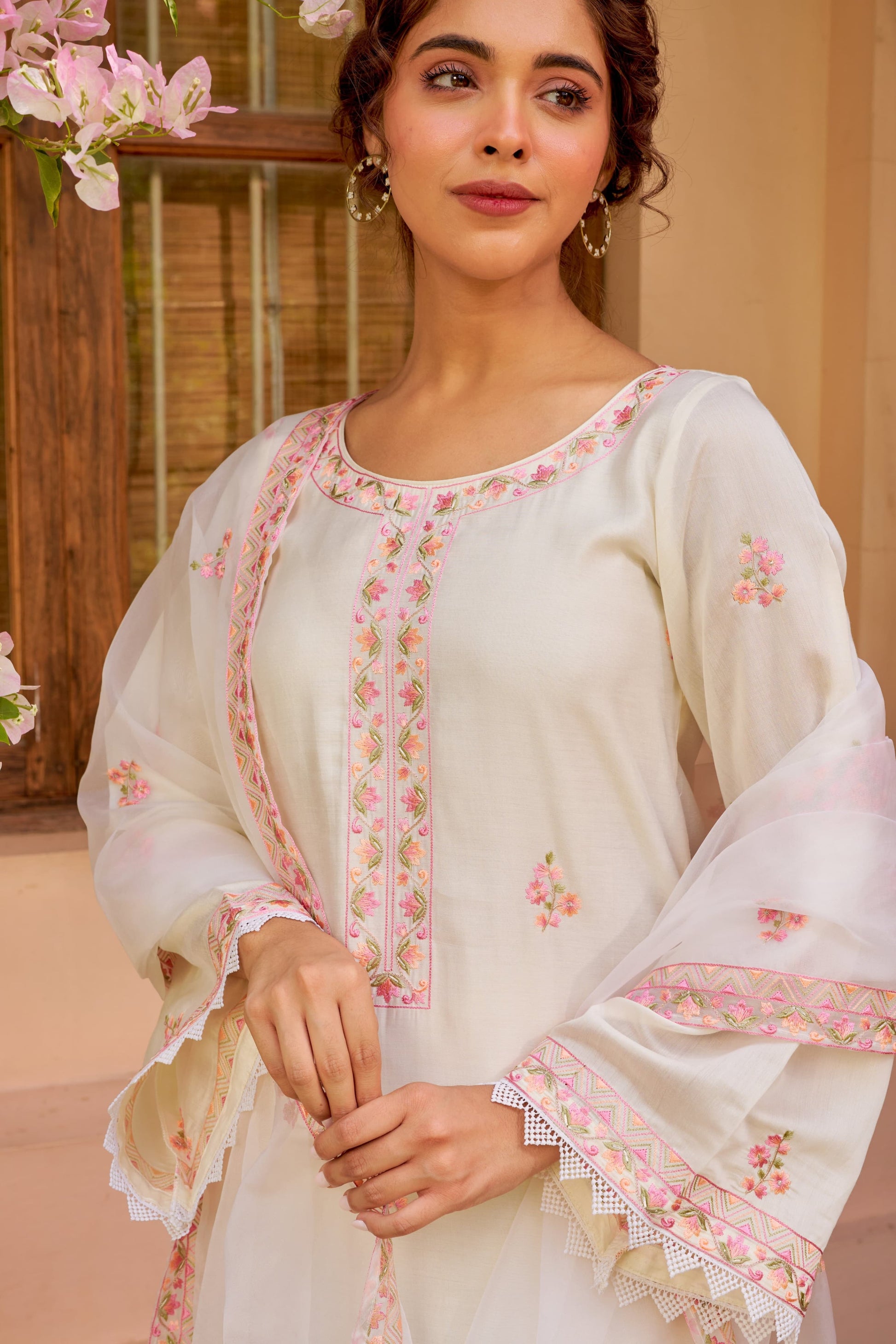 Product Image - AKSHARA: Ivory White Chanderi Embroidered Suit Set