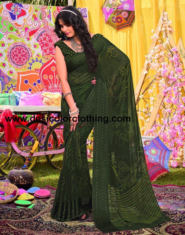 Army Green Georgette Printed Saree