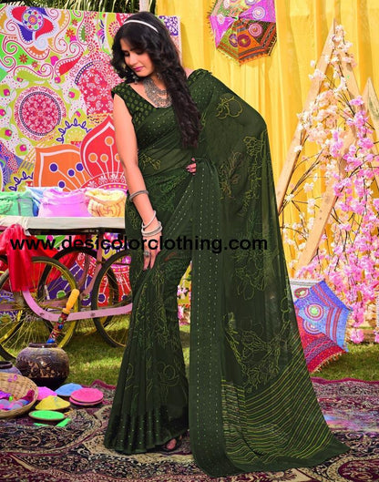 Army Green Georgette Printed Saree
