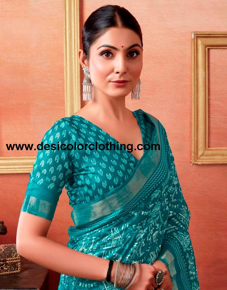 Teal Blue Cotton Zari Saree