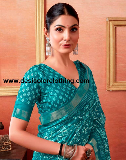 Teal Blue Cotton Zari Saree