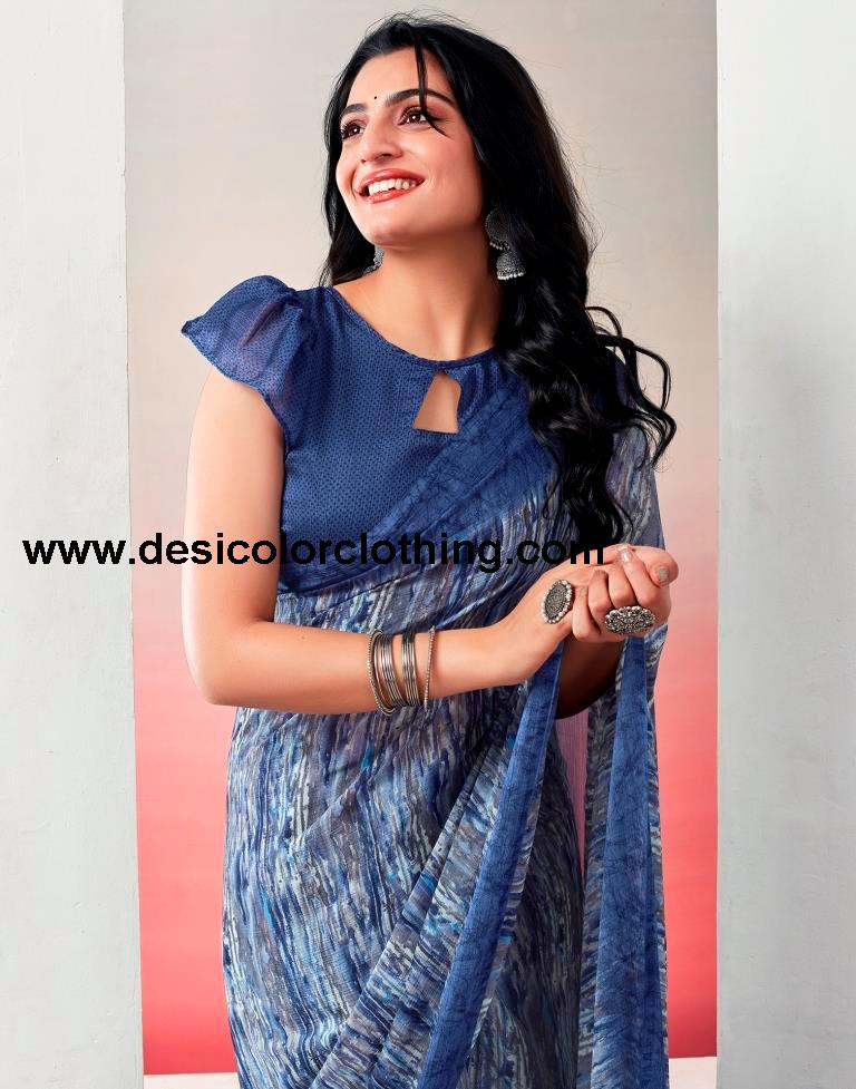 Blue. Multi Chiffon Printed  Saree