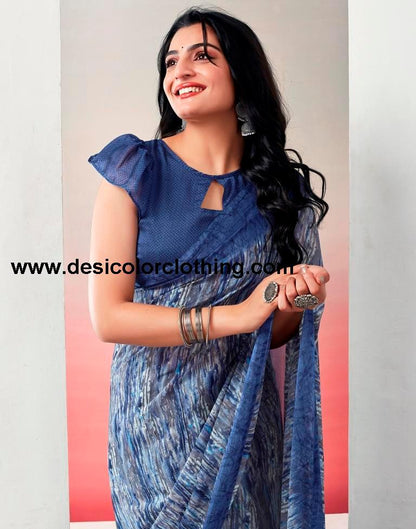 Blue. Multi Chiffon Printed  Saree