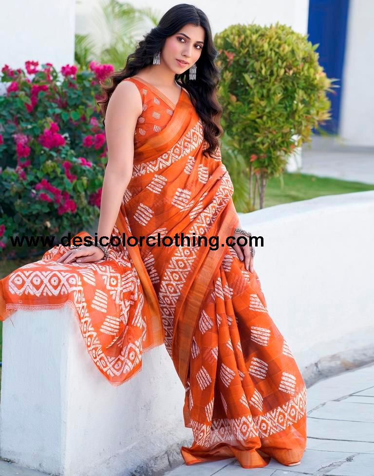 Rust Printed Cotton Saree