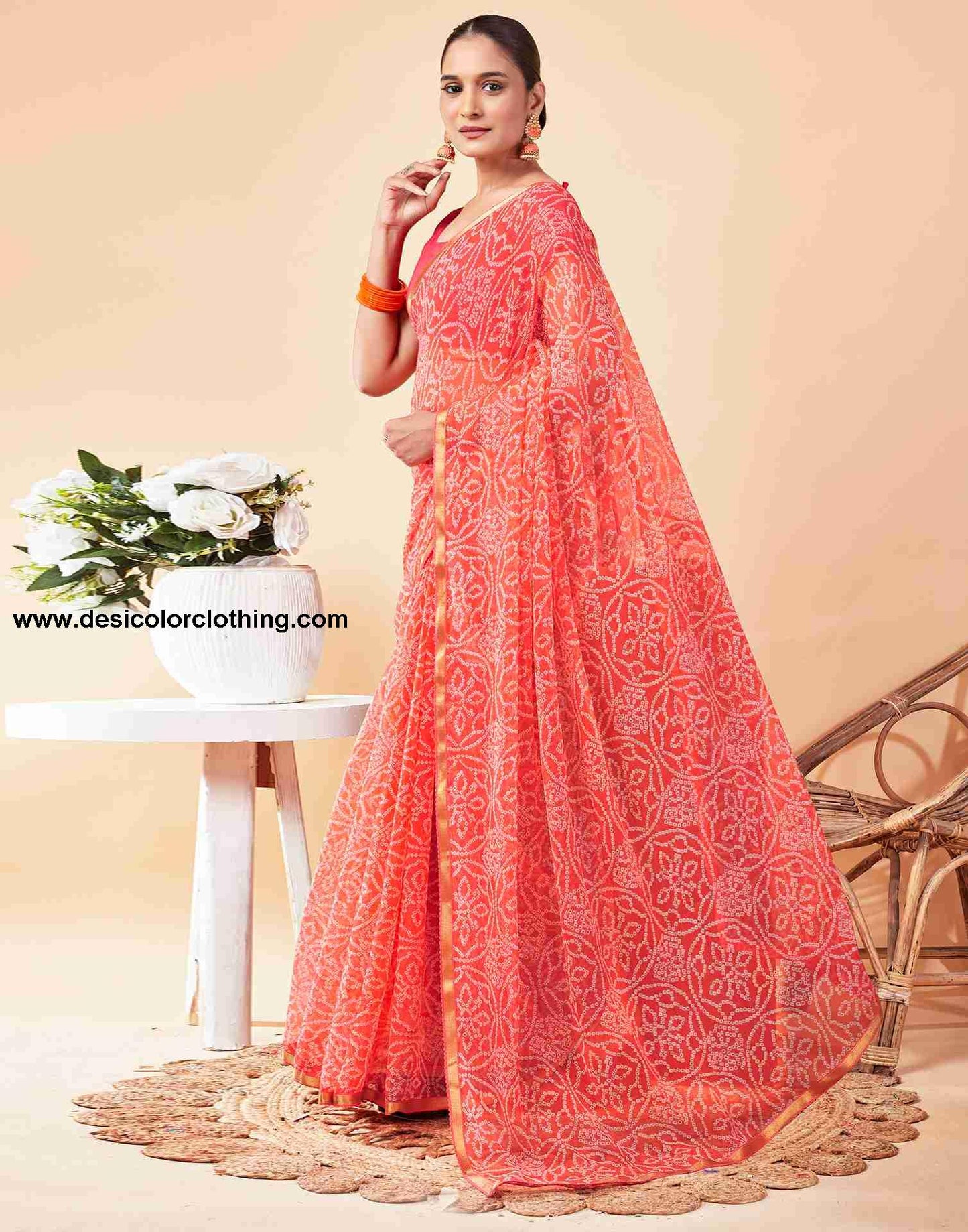 Peach Chiffon Printed Saree