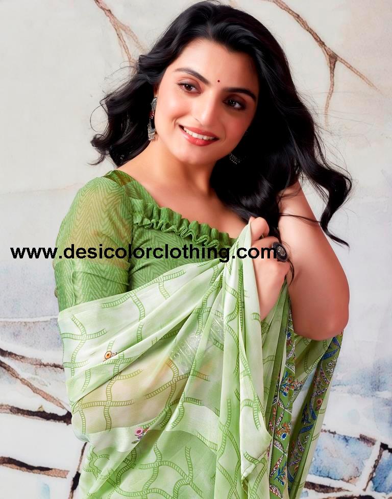 Pista Green Georgette Printed  Saree
