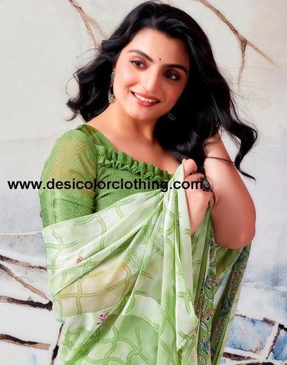 Pista Green Georgette Printed  Saree