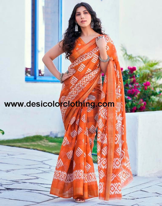 Rust Printed Cotton Saree