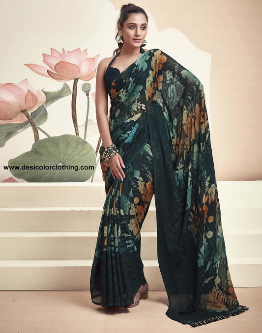 Teal Georgette Printed Saree