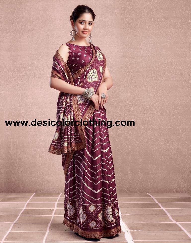 Dusty Maroon Silk Printed Saree