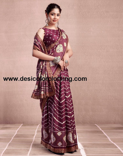 Dusty Maroon Silk Printed Saree