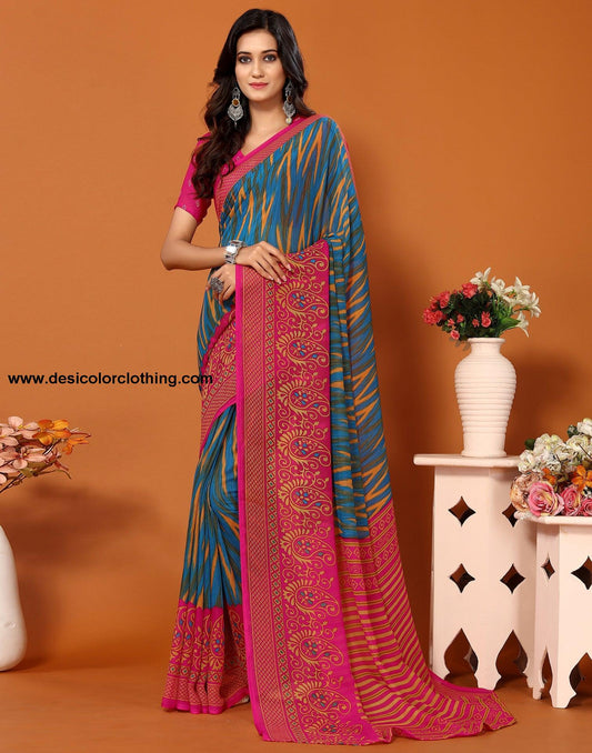 Teal Blue Georgette Printed Saree