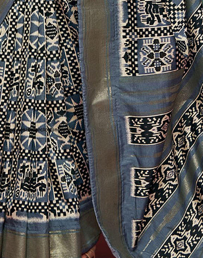 Dusty Blue Printed Silk Saree