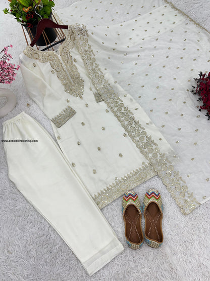 Pure Chinnon With Embroidery Sequence Work Top-Bottom And Dupatta Set Fully Stitched Ready To Wear*