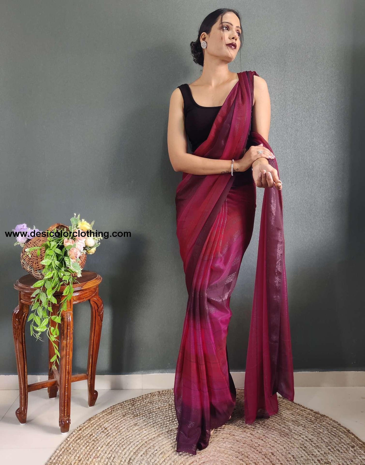 Pink Printed Georgette Pre-draped Saree